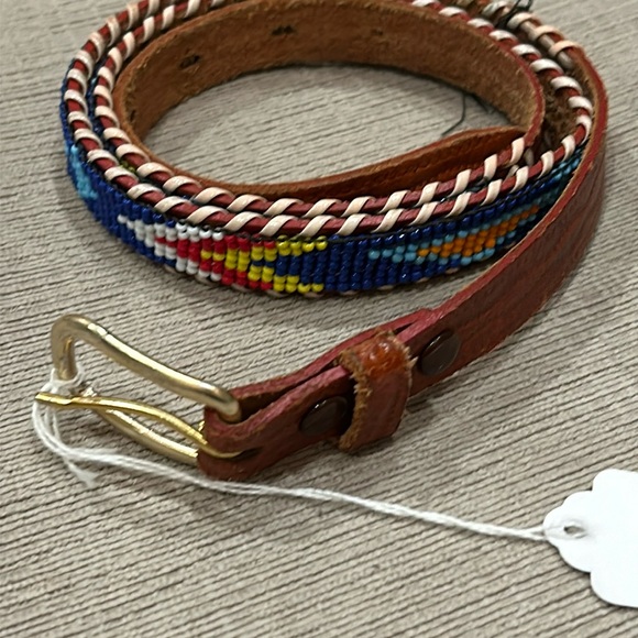 Accessories - Vintage Thunderbird, handcrafted beaded, and lace to leather belt 33”